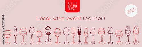 Horizontal restaurant banner with wine glasses icons in trendy linear style. Homemade cooking with Cooking utensils vector. Cooking courses banner. Wine glass icon for red bar poster, local wine event