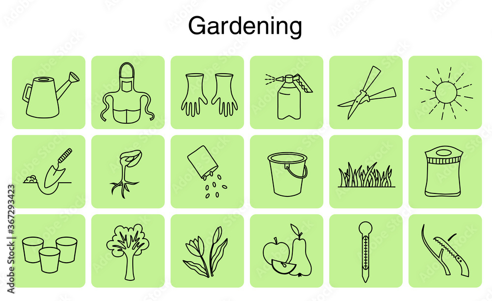 Set of icons on the theme of gardening. Collection of linear flat vector elements on green background. Watering can, apron, gloves, sprayer, secateurs, sun, sprout, seeds, fertilizer, thermometer. Set of icons on the theme of gardening. Collection of linear flat vector elements on green background. Watering can, apron, gloves, sprayer, secateurs, sun, sprout, seeds, fertilizer, thermometer.