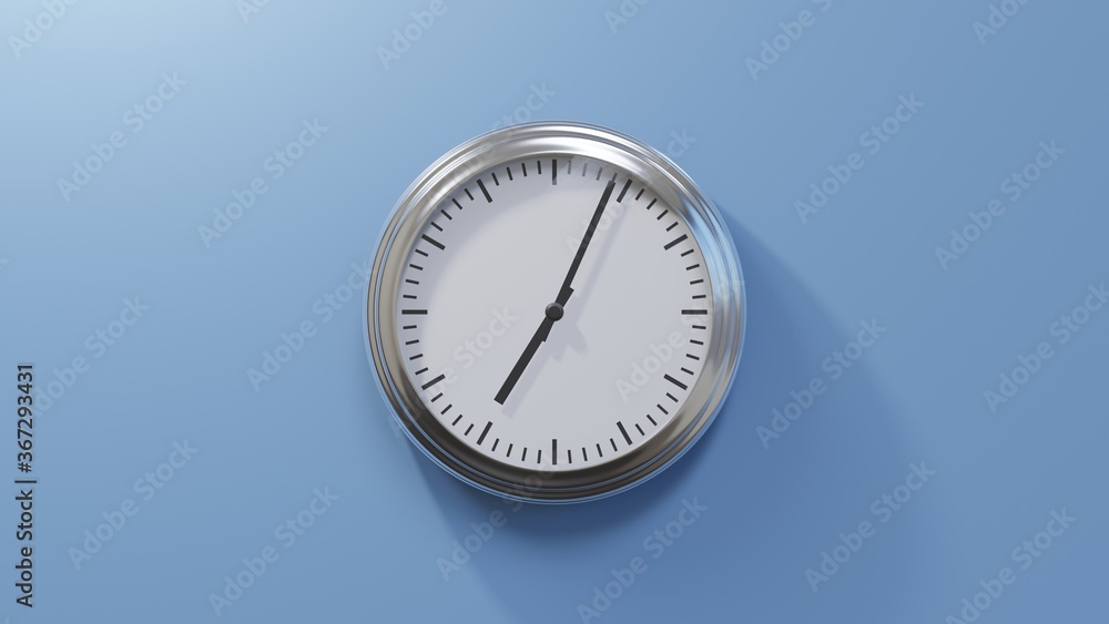 Glossy chrome clock on a blue wall at four past seven. Time is 07:04 or 19:04 Glossy chrome clock on a blue wall at four past seven. Time is 07:04 or 19:04