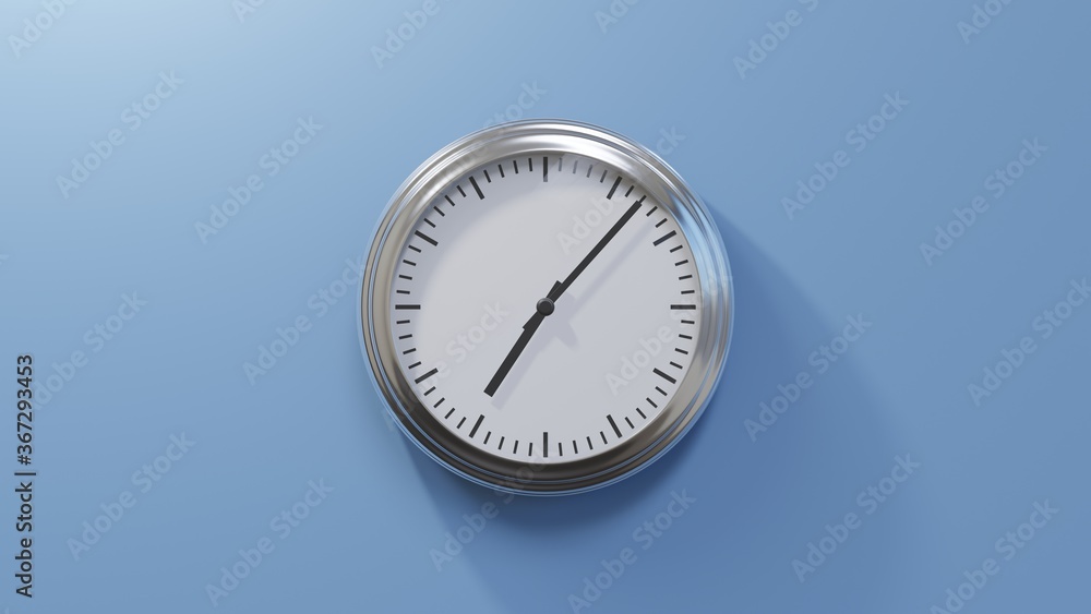 Glossy chrome clock on a blue wall at seven past seven. Time is 07:07 or 19:07 Glossy chrome clock on a blue wall at seven past seven. Time is 07:07 or 19:07