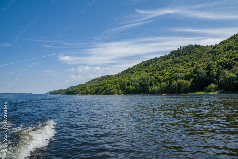 summer, day, clear, weather, travel, river, water, glare, ripples, smooth surface, reflections, nature, light, shadow, beach, sand, distance, space, mountains, forest, trees, sky, clouds