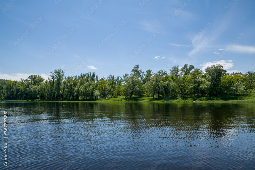 summer, day, clear, weather, travel, river, water, glare, ripples, smooth surface, reflections, nature, light, shadow, coast, distance, space, trees, sky, clouds
