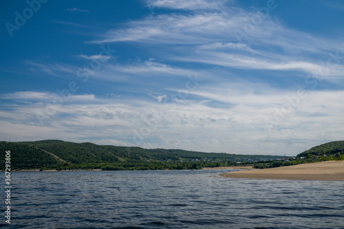 summer, day, clear, weather, travel, river, water, glare, ripples, smooth surface, reflections, nature, light, shadow, beach, sand, distance, space, mountains, forest, trees, sky, clouds