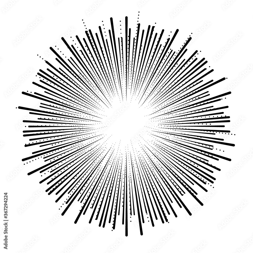 Obraz premium Radial speed Lines in Circle Form for comic books . fireworks Explosion background . Vector Illustration . Starburst round Logo . Circular Design element . Abstract Geometric star rays . Sunburst .
