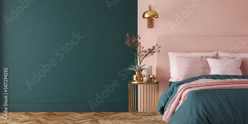 Bedroom interior.Art deco style.Design with green pink and gold color.3d rendering photo