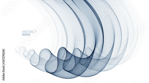 Vector abstract background with wave of flowing particles, smooth curve shape lines, transparent tulle textile on wind. 3d shape dots magic blended mesh.