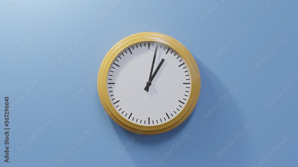 Glossy orange clock on a blue wall at two past one. Time is 01:02 or 13:02 Glossy orange clock on a blue wall at two past one. Time is 01:02 or 13:02