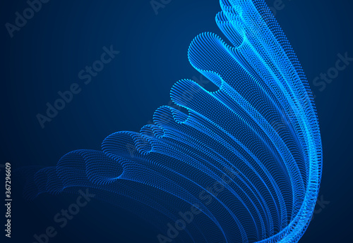 3d magic particles mesh array over dark, sound wave flowing, transparent tulle textile on wind. Round points vector effect illustration. Blended mesh, calming relaxing wallpaper.
