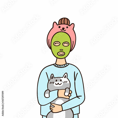 Young woman with green face mask for skincare, hugging with cute cat, isolated on a white background. Cartoon vector illustrationt for sticker, card, brochures, poster etc. photo