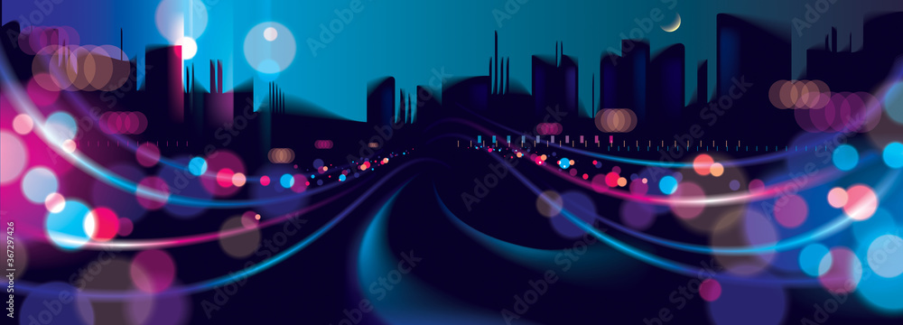 Wide panorama big city nightlife with street lamps and bokeh blurred lights. Effect vector beautiful background. Blur colorful dark background with cityscape, buildings silhouettes skyline.