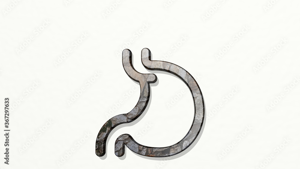 medical specialty stomach on the wall. 3D illustration of metallic sculpture over a white background with mild texture. care and doctor