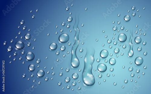 Water drops in shower or pool, condensate or rain droplets realistic transparent vector illustration, easy to put over any background or use droplets separately.