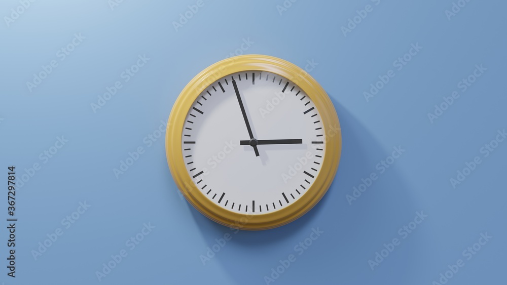 Glossy orange clock on a blue wall at fifty-seven past two. Time is 02:57 or 14:57 Glossy orange clock on a blue wall at fifty-seven past two. Time is 02:57 or 14:57