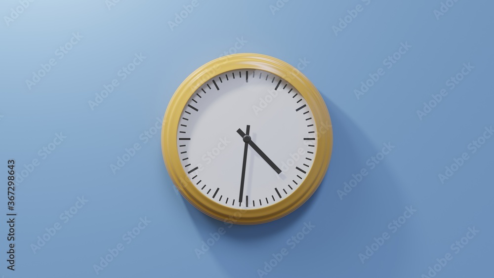 Glossy orange clock on a blue wall at thirty-one past four. Time is 04:31 or 16:31 Glossy orange clock on a blue wall at thirty-one past four. Time is 04:31 or 16:31