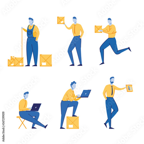 Set of poses businessman and courier. Flat vector icon.