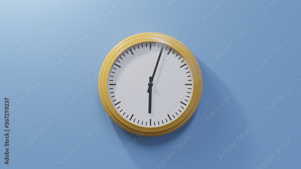 Glossy orange clock on a blue wall at three past six. Time is 06:03 or 18:03 Glossy orange clock on a blue wall at three past six. Time is 06:03 or 18:03