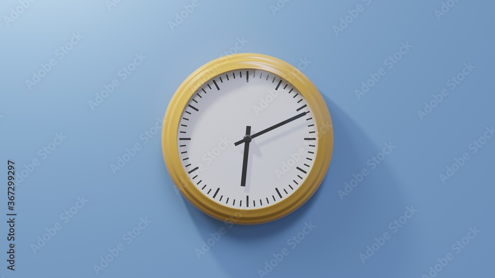Glossy orange clock on a blue wall at eleven past six. Time is 06:11 or 18:11 Glossy orange clock on a blue wall at eleven past six. Time is 06:11 or 18:11