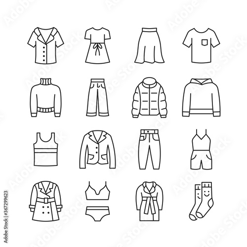 Woman clothing line icon set. Dress, skirt, blazer, jacket, jeans, pants, cloak flat sign. Editable stroke. Vector illustration.
