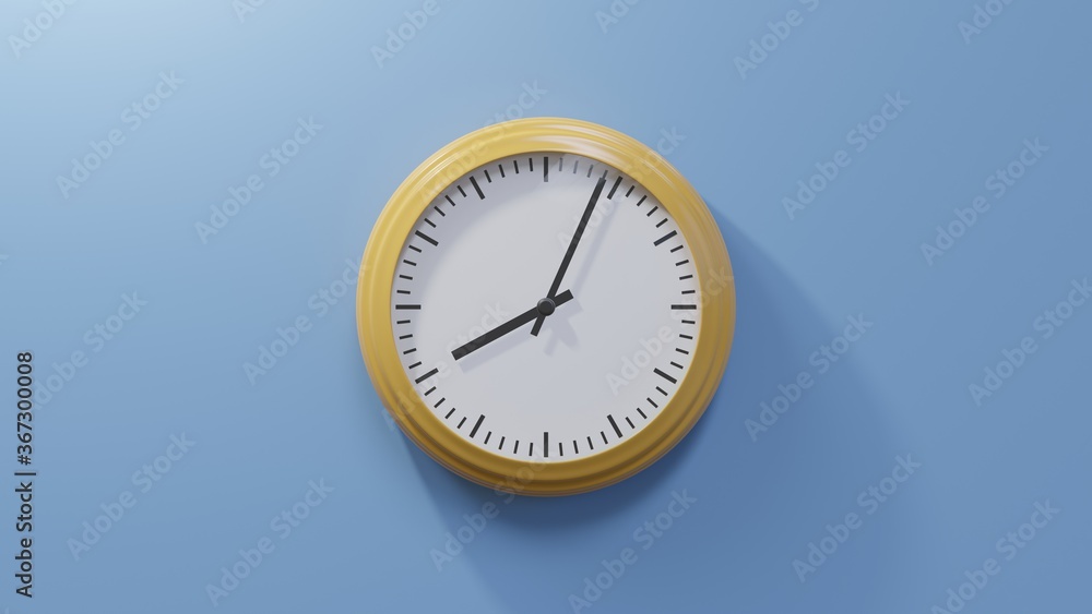 Glossy orange clock on a blue wall at four past eight. Time is 08:04 or 20:04 Glossy orange clock on a blue wall at four past eight. Time is 08:04 or 20:04