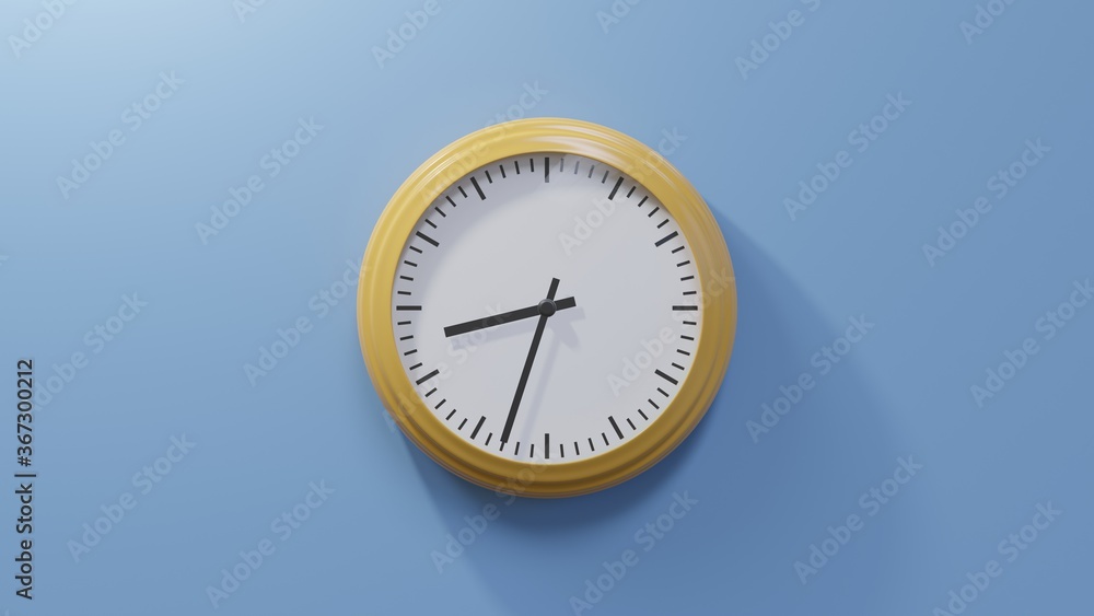 Glossy orange clock on a blue wall at thirty-three past eight. Time is 08:33 or 20:33 Glossy orange clock on a blue wall at thirty-three past eight. Time is 08:33 or 20:33