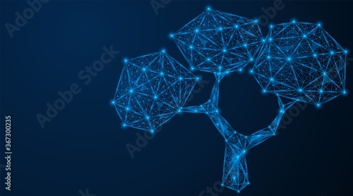 A low-poly tree. Connecting lines and points. Blue background.