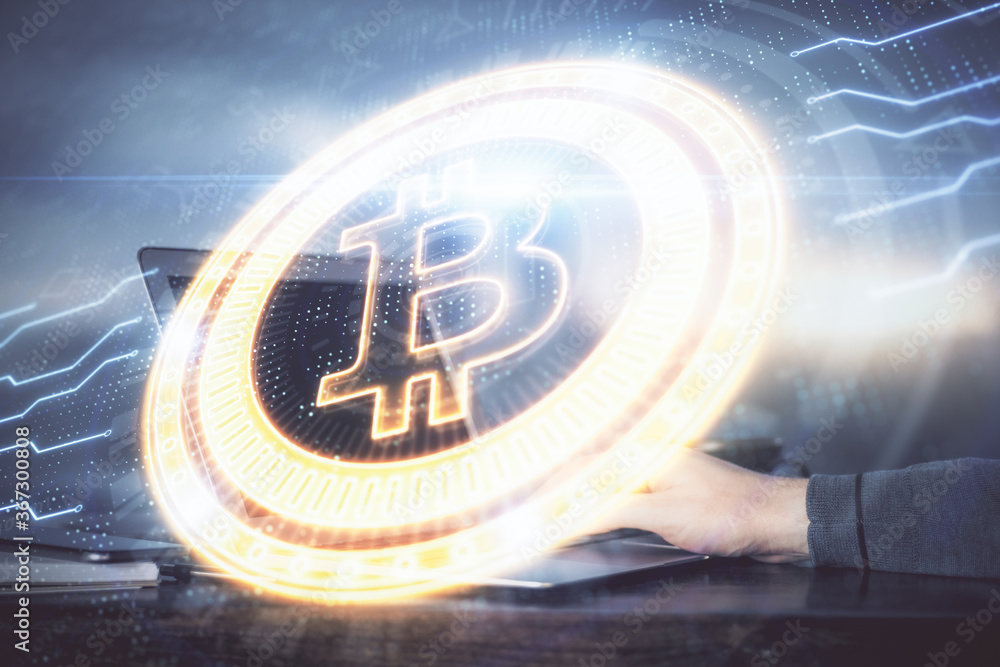 Fototapeta premium Blockchain theme hud with businessman working on computer on background. Concept of crypto chain. Double exposure.