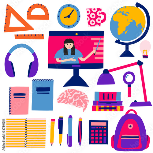 Online education concept. Collection set of school items. Backpack, pens, notepads, globe books, brain. Internet classes and courses. Computer monitor with a teacher. Flat style drawing. Stock vector