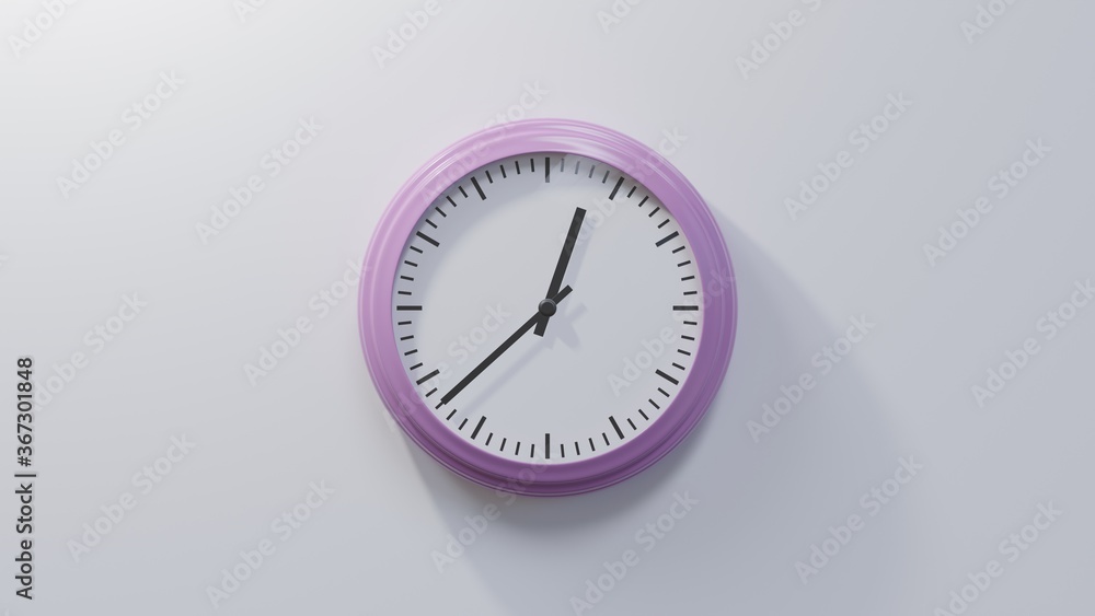 Glossy pink clock on a white wall at thirty-eight past twelve. Time is 00:38 or 12:38 Glossy pink clock on a white wall at thirty-eight past twelve. Time is 00:38 or 12:38
