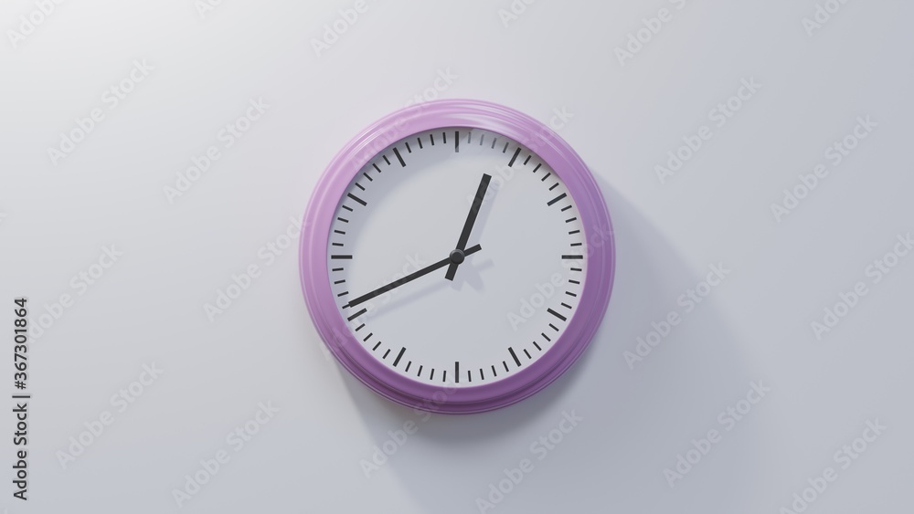 Glossy pink clock on a white wall at forty-one past twelve. Time is 00:41 or 12:41 Glossy pink clock on a white wall at forty-one past twelve. Time is 00:41 or 12:41
