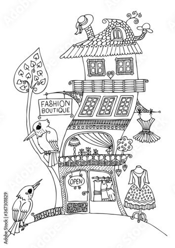 Original cute fashion boutique. Hand drawn bespoke shop. The fairytale house. Sketch for anti-stress adult coloring book in zentangle style. Vector illustration for coloring page.