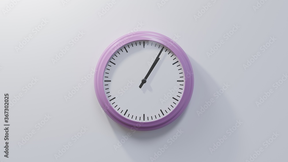 Glossy pink clock on a white wall at five past one. Time is 01:05 or 13:05
