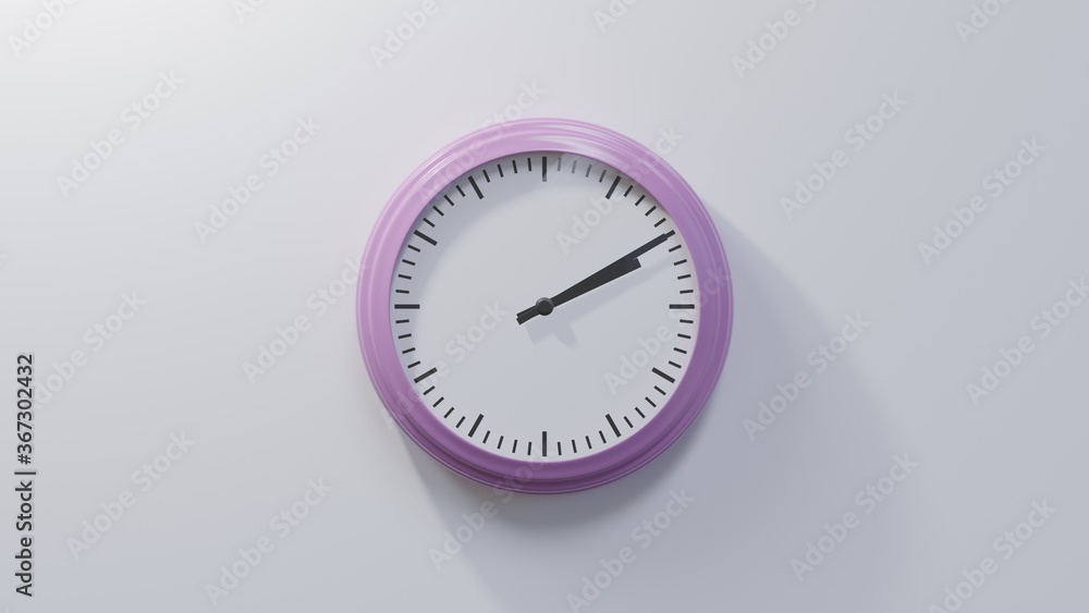 Glossy pink clock on a white wall at ten past two. Time is 02:10 or 14:10 Glossy pink clock on a white wall at ten past two. Time is 02:10 or 14:10
