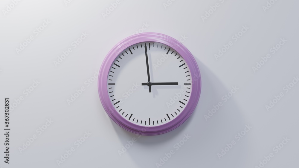 Glossy pink clock on a white wall at fifty-nine past two. Time is 02:59 or 14:59 Glossy pink clock on a white wall at fifty-nine past two. Time is 02:59 or 14:59