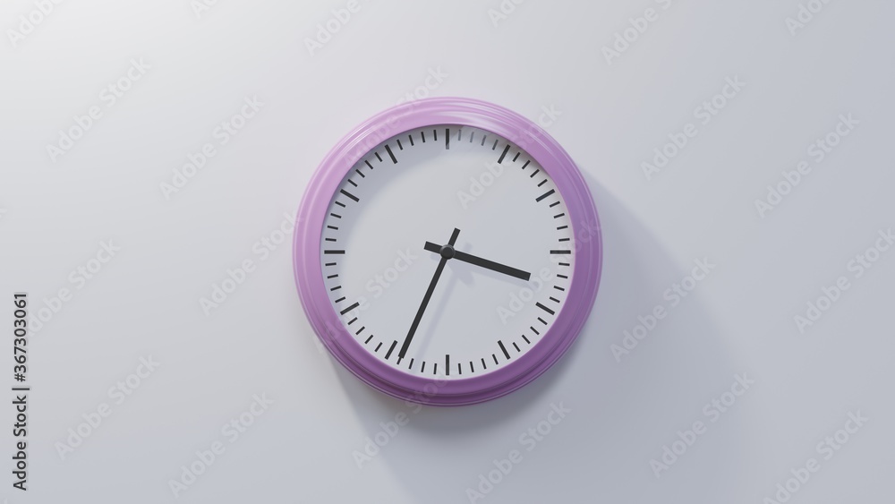 Glossy pink clock on a white wall at thirty-four past three. Time is 03:34 or 15:34 Glossy pink clock on a white wall at thirty-four past three. Time is 03:34 or 15:34