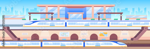 Train station flat color vector illustration