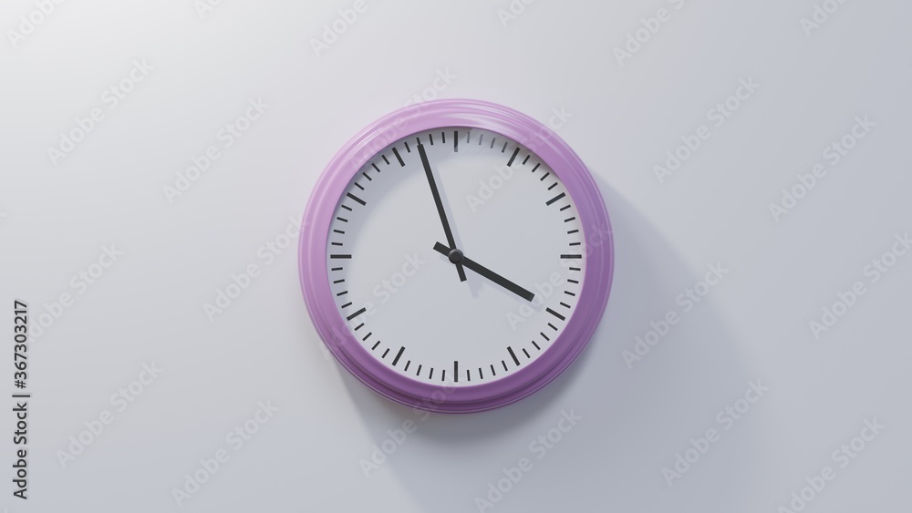 Glossy pink clock on a white wall at fifty-seven past three. Time is 03:57 or 15:57 Glossy pink clock on a white wall at fifty-seven past three. Time is 03:57 or 15:57