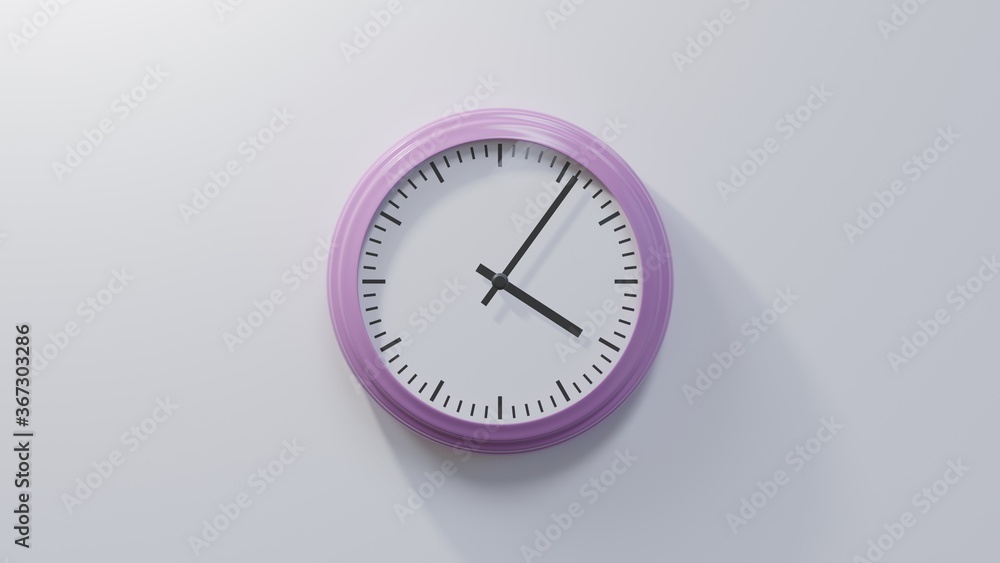 Glossy pink clock on a white wall at six past four. Time is 04:06 or 16:06 Glossy pink clock on a white wall at six past four. Time is 04:06 or 16:06