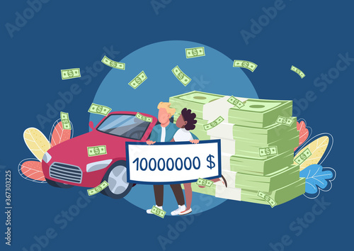 Lottery winners holding big money check flat concept vector illustration