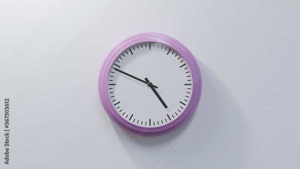 Glossy pink clock on a white wall at forty-nine past four. Time is 04:49 or 16:49 Glossy pink clock on a white wall at forty-nine past four. Time is 04:49 or 16:49