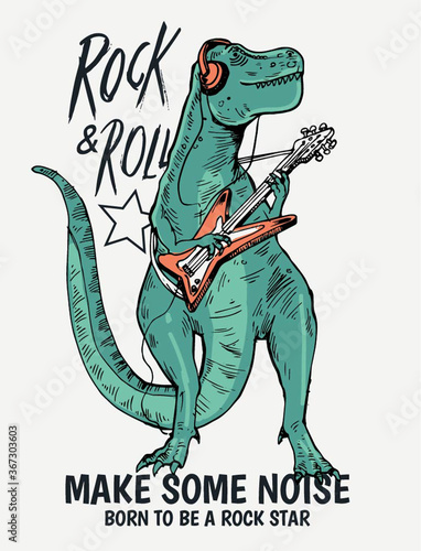 Rock star dinosaur illustration with slogan graphic for kid t shirt and other uses