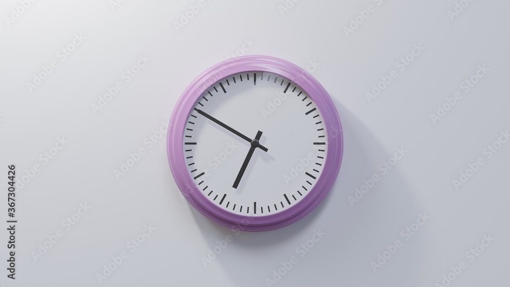 Glossy pink clock on a white wall at ten to seven. Time is 06:50 or 18:50 Glossy pink clock on a white wall at ten to seven. Time is 06:50 or 18:50