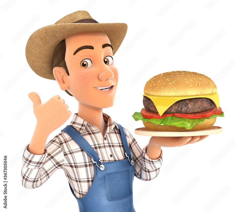 3d farmer holding big hamburger with thumb up 3d farmer holding big hamburger with thumb up