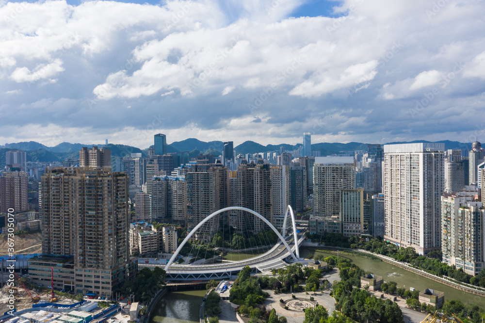 aerial view of downtown and bridge