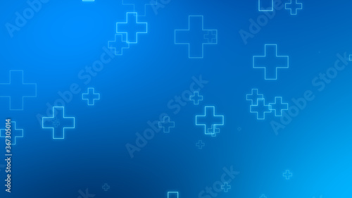 Medical health blue cross neon light shapes pattern background. Abstract healthcare technology and science concept.