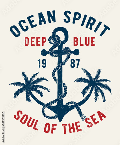 Old vintage anchor with palm trees for t shirt and other uses.