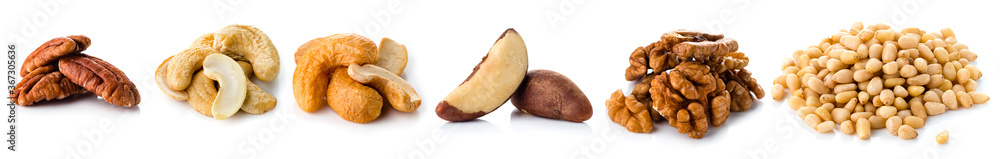 set nuts isolated on white background, Brazil nut, walnut, almond, pine nut - obrazy, fototapety, plakaty 