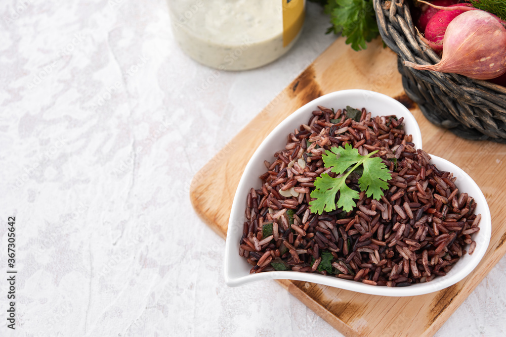 space organic red rice with vegetable food background space organic red rice with vegetable food background