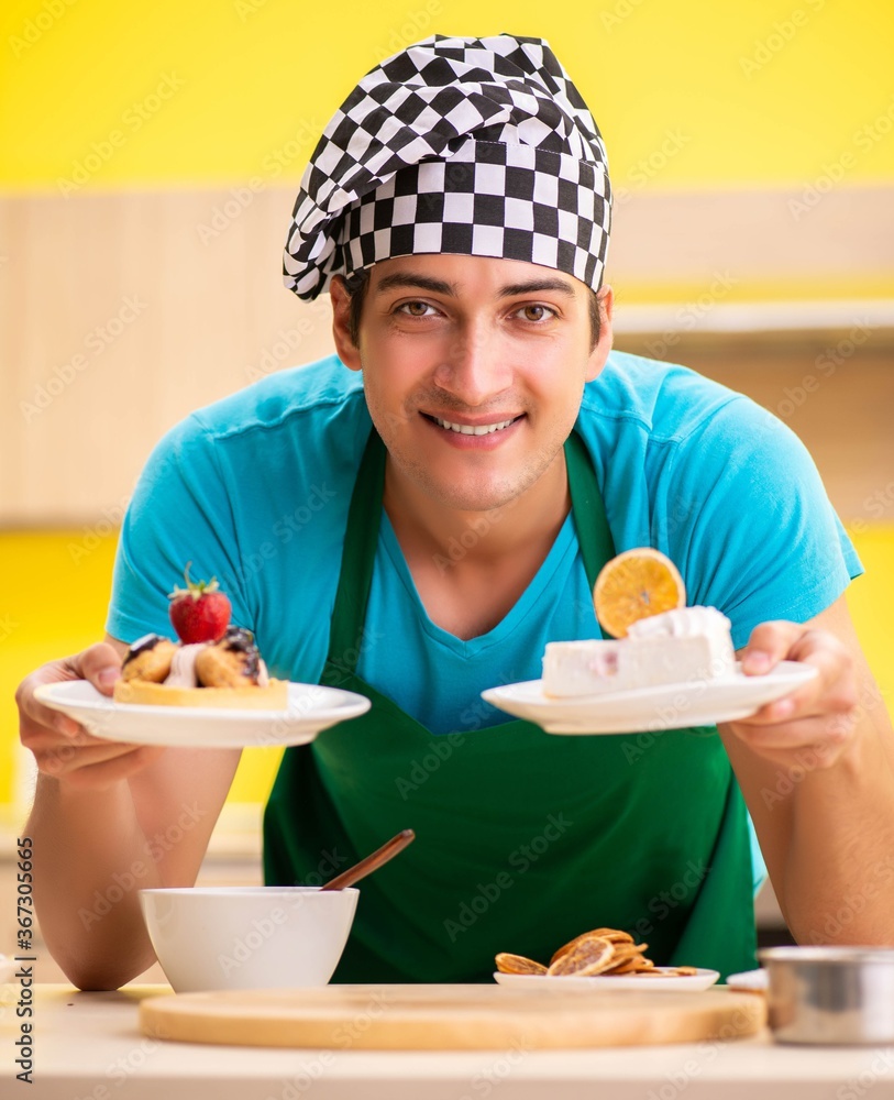 Man cook preparing cake in kitchen at home