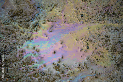 Oil stain, spilled on the road and turned into a multicolored puddle on wet asphalt, closeup photo