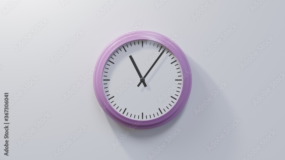 Glossy pink clock on a white wall at six past eleven. Time is 11:06 or 23:06 Glossy pink clock on a white wall at six past eleven. Time is 11:06 or 23:06